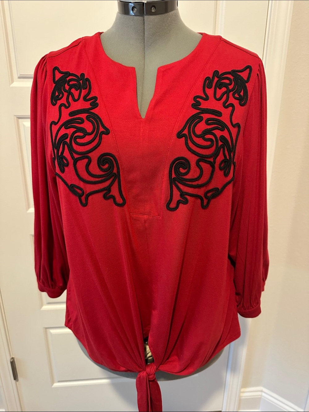 Chico's Red Blouse with Black Embroidered Chest and Tie-Front